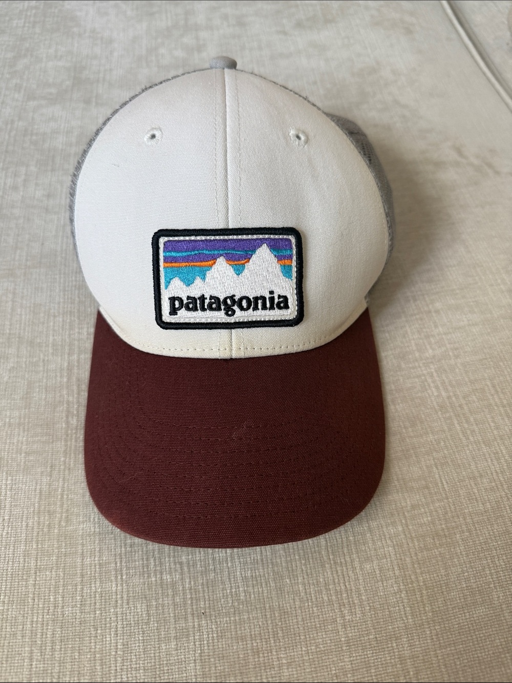 Patagonia White Front Panel Hat with Burgundy Brim